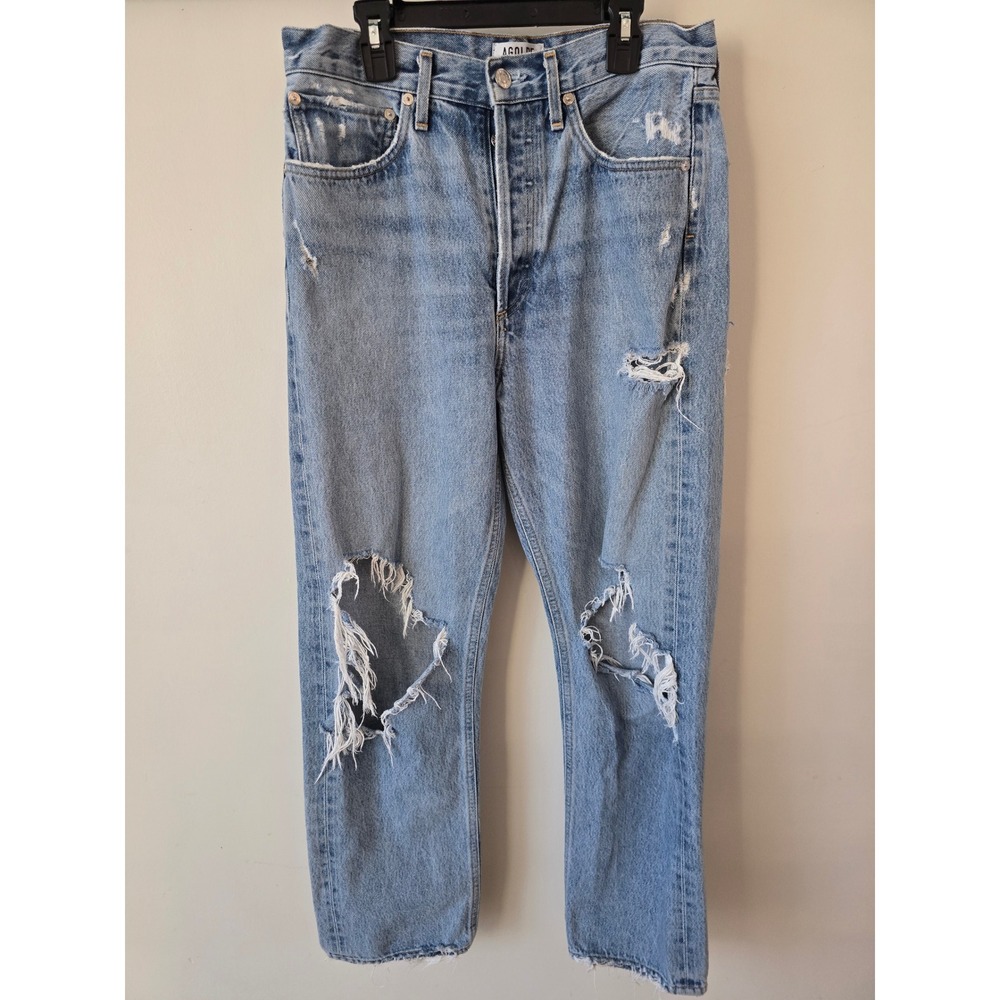 Agolde 90s Pinch Waist Distressed High Rise Straight Leg Blue Jeans Size 27